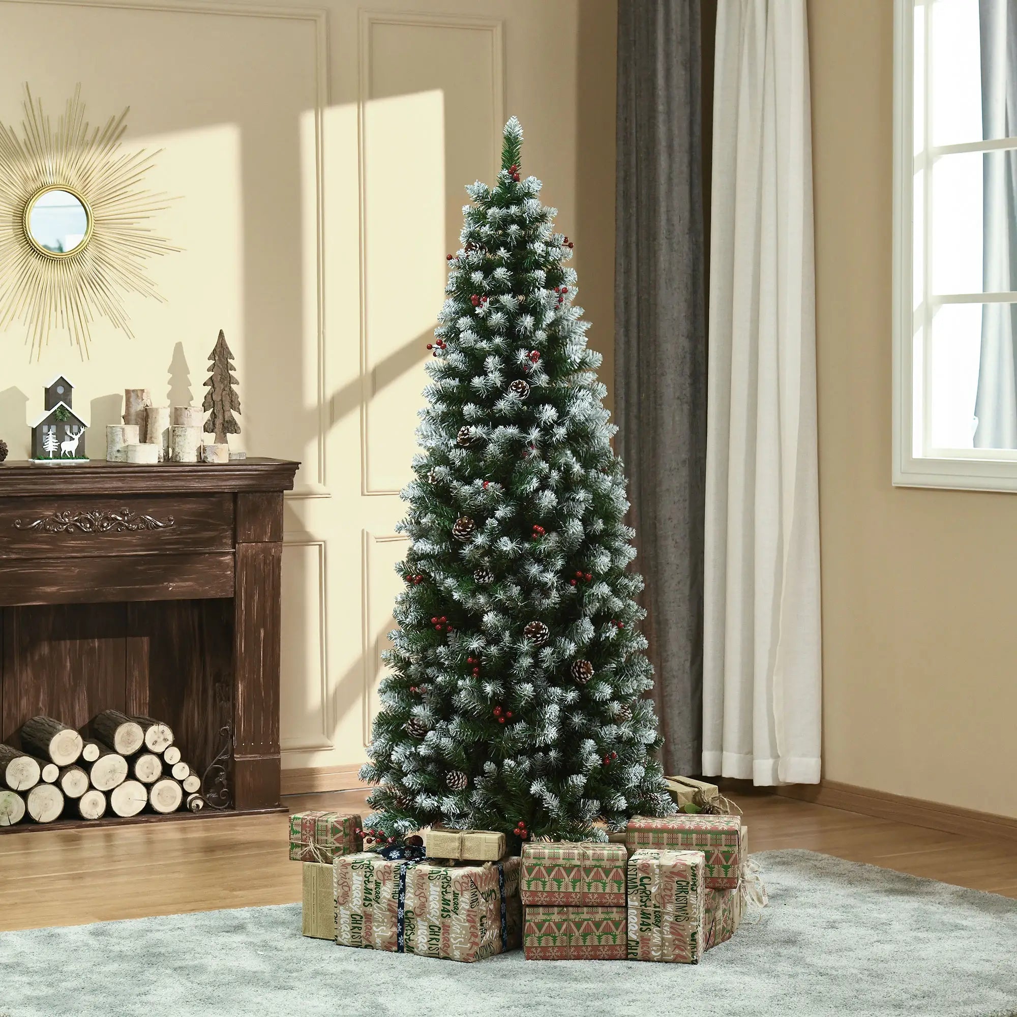 6ft Flocked Christmas Tree, Red Berries Pine Cones, Pencil Shape, Green Flocked Christmas Trees at Gallery Canada