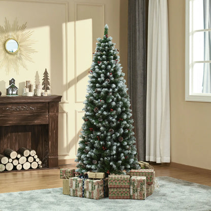 6ft Flocked Christmas Tree, Red Berries Pine Cones, Pencil Shape, Green Flocked Christmas Trees at Gallery Canada