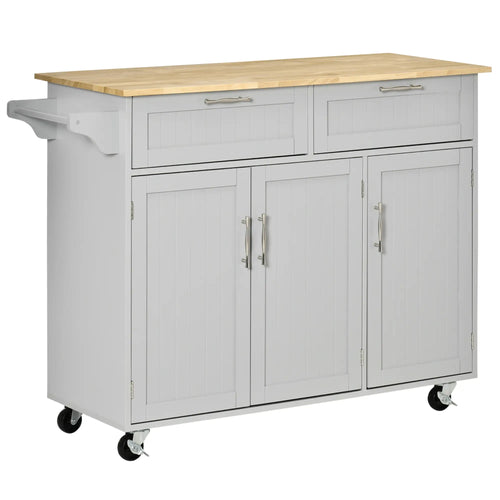 Rolling Kitchen Island, Cart with 2 Drawers, 3 Door Cabinets, 3-Doors, Grey