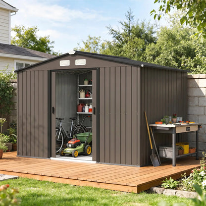 9.1'x6.4'x6.3' Garden Storage Shed, Foundation Kit, Metal Tool House, Double Doors, Brown Sheds at Gallery Canada