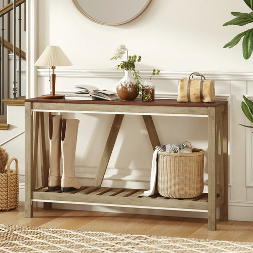 Farmhouse Console Table with Storage Shelf, Rustic Sofa Table, Oak