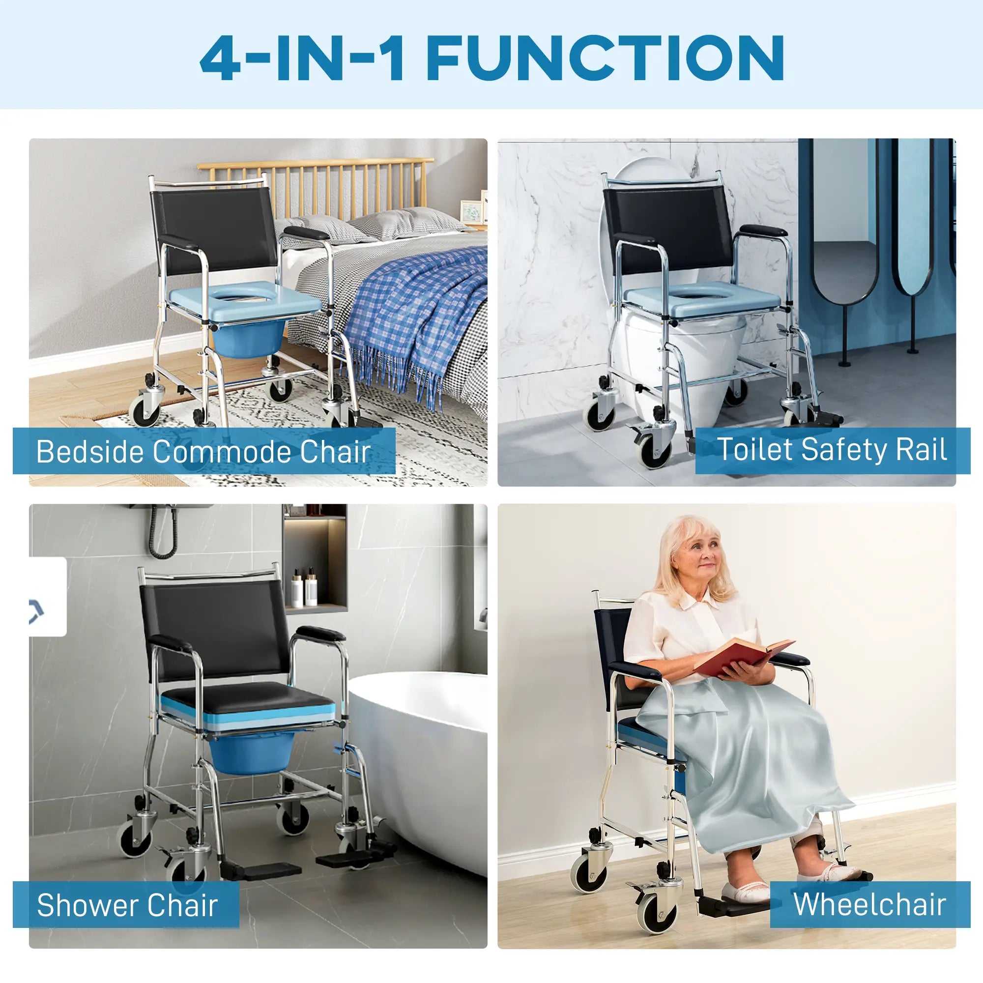 Rolling Shower Chair, Bedside Commode Wheelchair, Padded Seat, 300 lbs, Black Bath Chairs at Gallery Canada