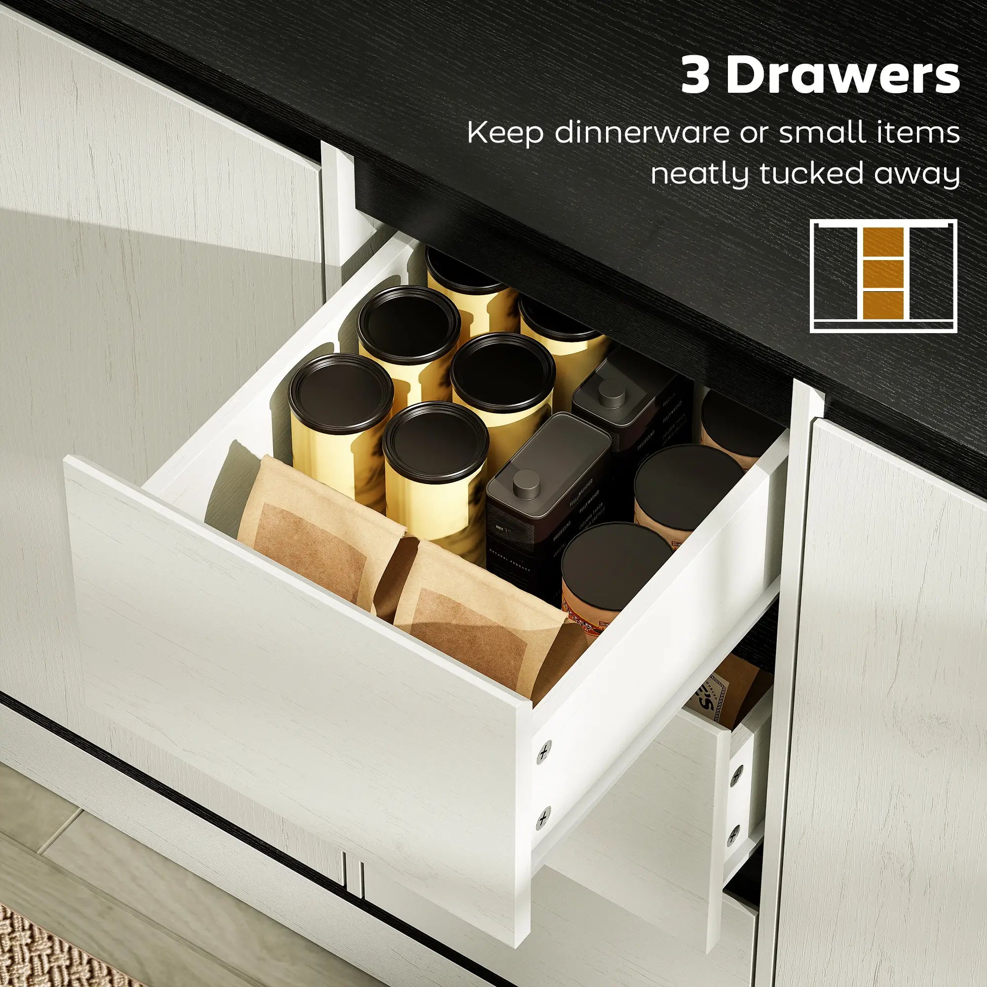Buffet Cabinet, Soft Close Hinges, 3 Drawers, 2 Shelves, White Wood Grain Storage Cabinets at Gallery Canada