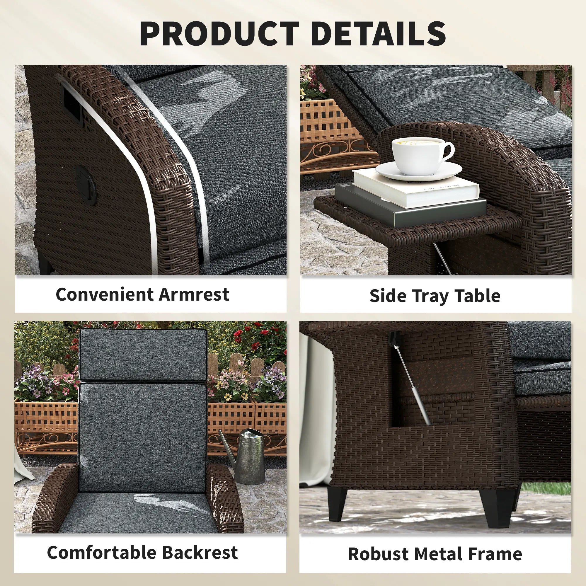 Outdoor Recliner Chair, Adjustable Backrest, Cushion, Side Tray, Dark Grey Wicker Chaise Loungers at Gallery Canada