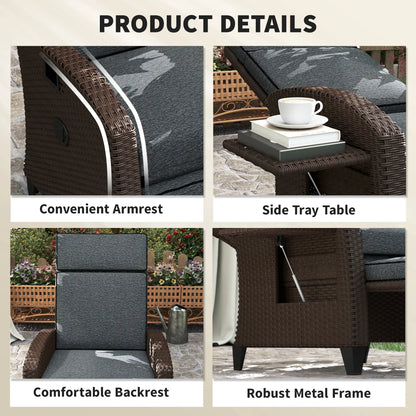 Outdoor Recliner Chair, Adjustable Backrest, Cushion, Side Tray, Dark Grey Wicker Chaise Loungers at Gallery Canada