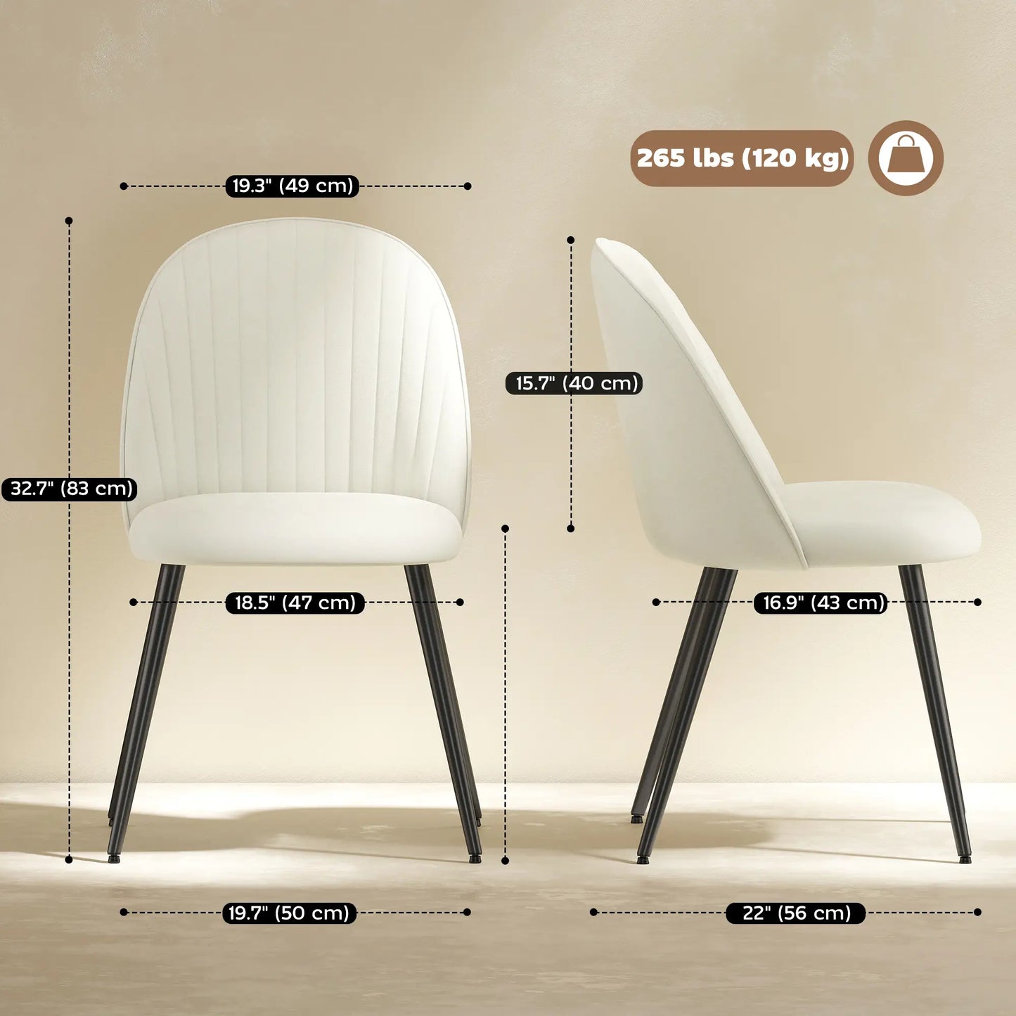 Set of 4 Modern Dining Chairs, Velvet Upholstered, Cream White, Cream White Bar Stools at Gallery Canada