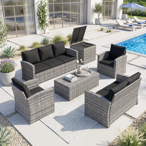 6-Piece Wicker Patio Furniture Set, 7-Seater with Cushions, Black