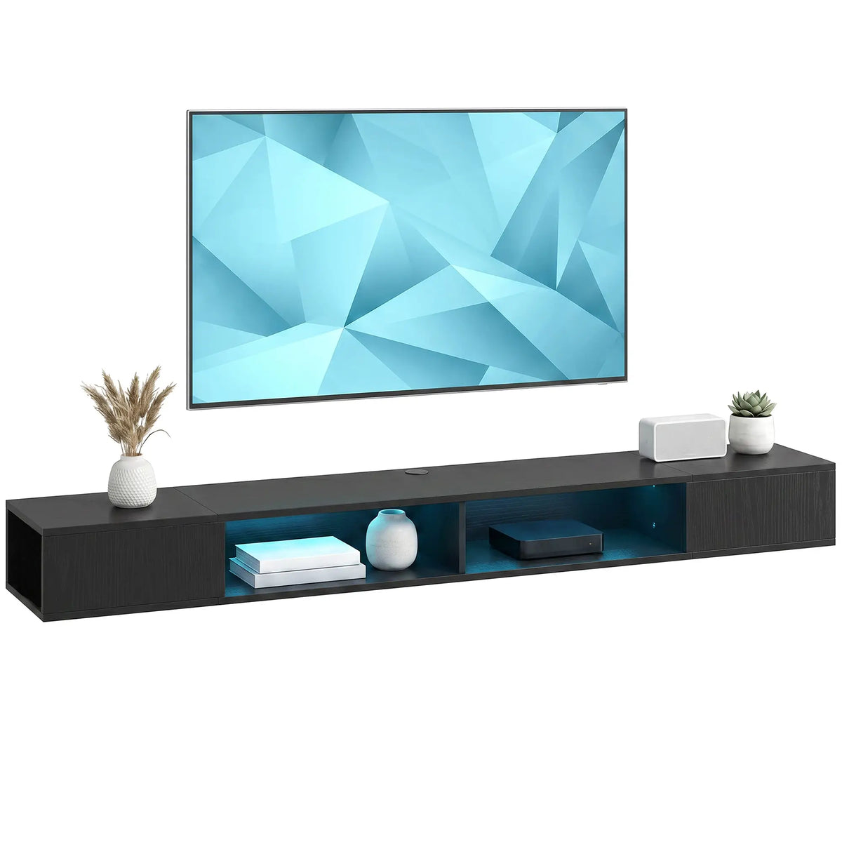 TV Stand with RGB LED Lights, Entertainment Center with Open Shelves for 75 Inch TV, Black Wood Grain TV Stands at Gallery Canada