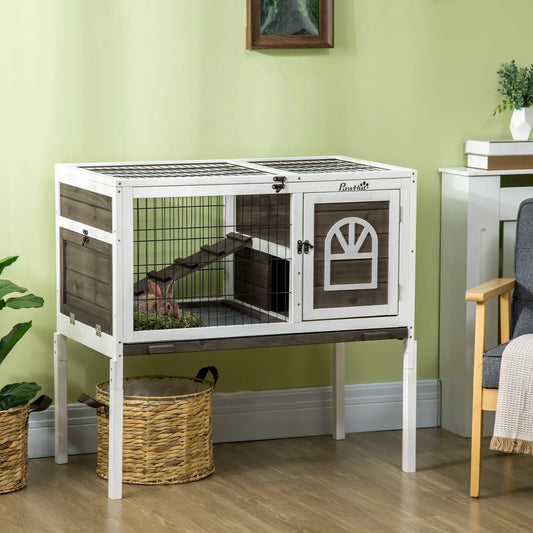 Rabbit Hutch Dual Height Bunny House, Slide Out Tray, White Coffee, White Rabbit Hutch Coffee, White at Gallery Canada