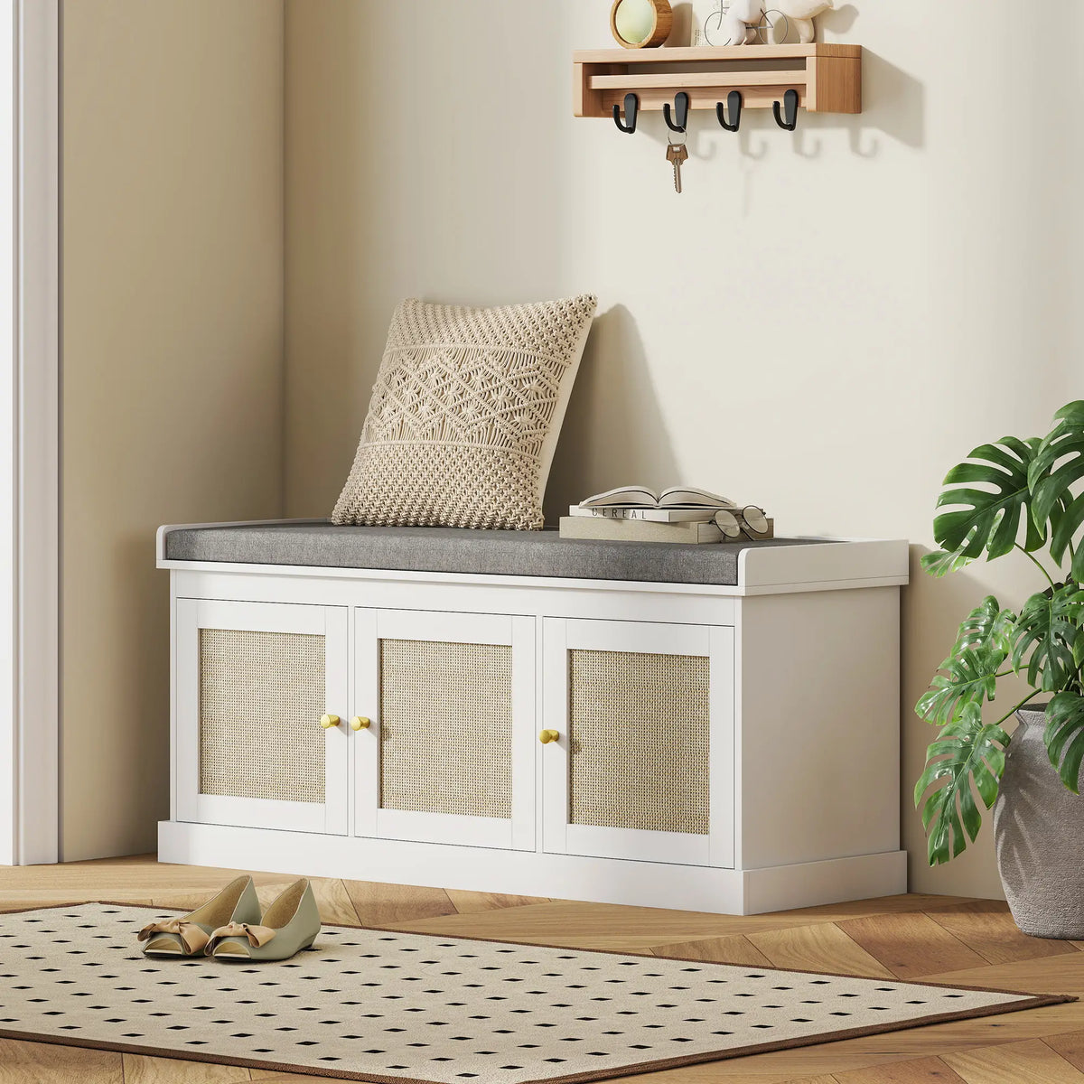 Shoe Storage Bench, Woven Rattan Doors, Adjustable Shelves, White Shoe Storage Cabinets & Racks at Gallery Canada