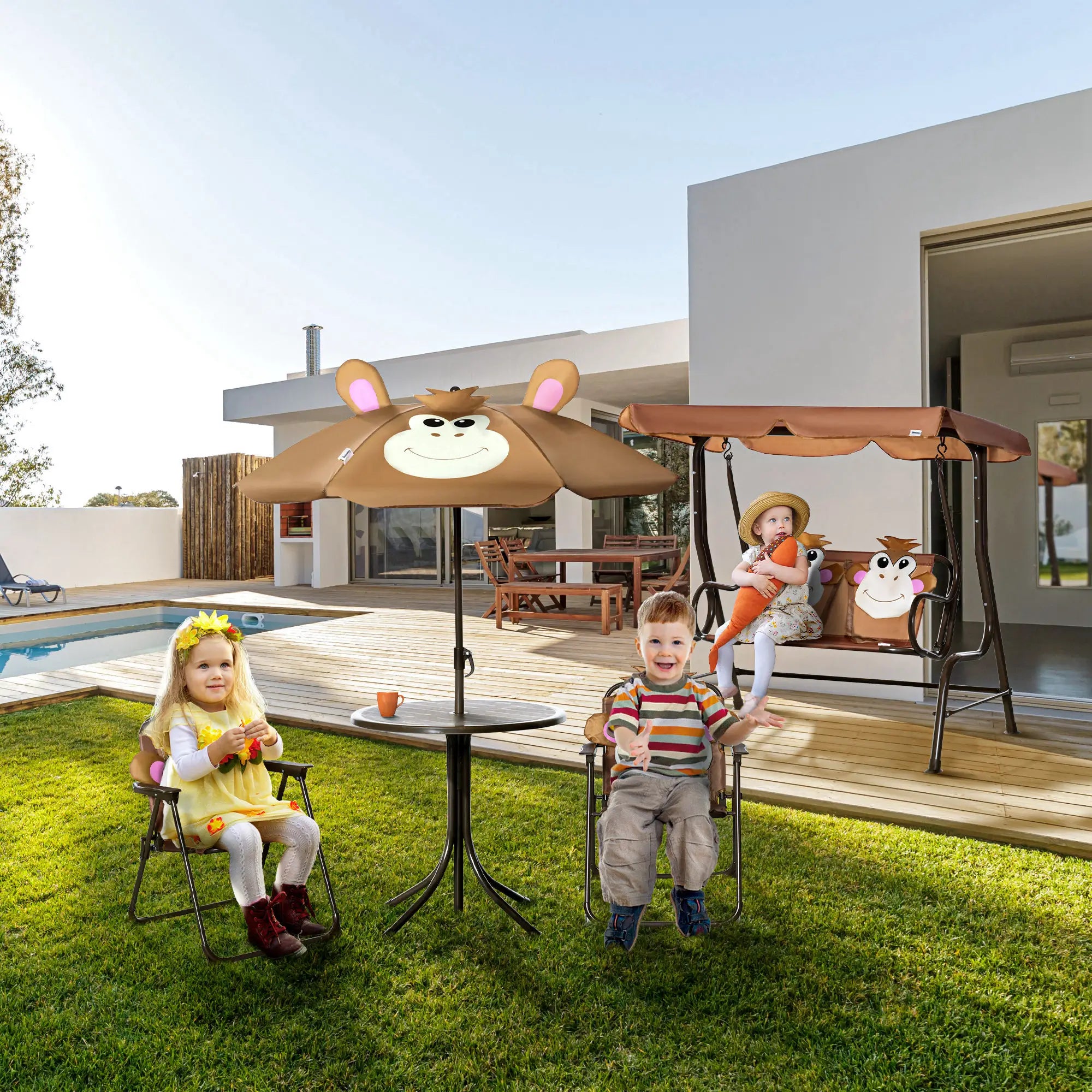 Kids Folding Picnic Table Chair Set with Adjustable Umbrella, Brown Kids Outdoor Furniture at Gallery Canada
