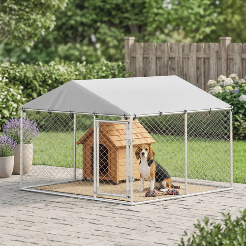 7.5 X 7.5 X 5.6 Ft Outdoor Dog Kennel, Galvanized Steel, Silver, Silver