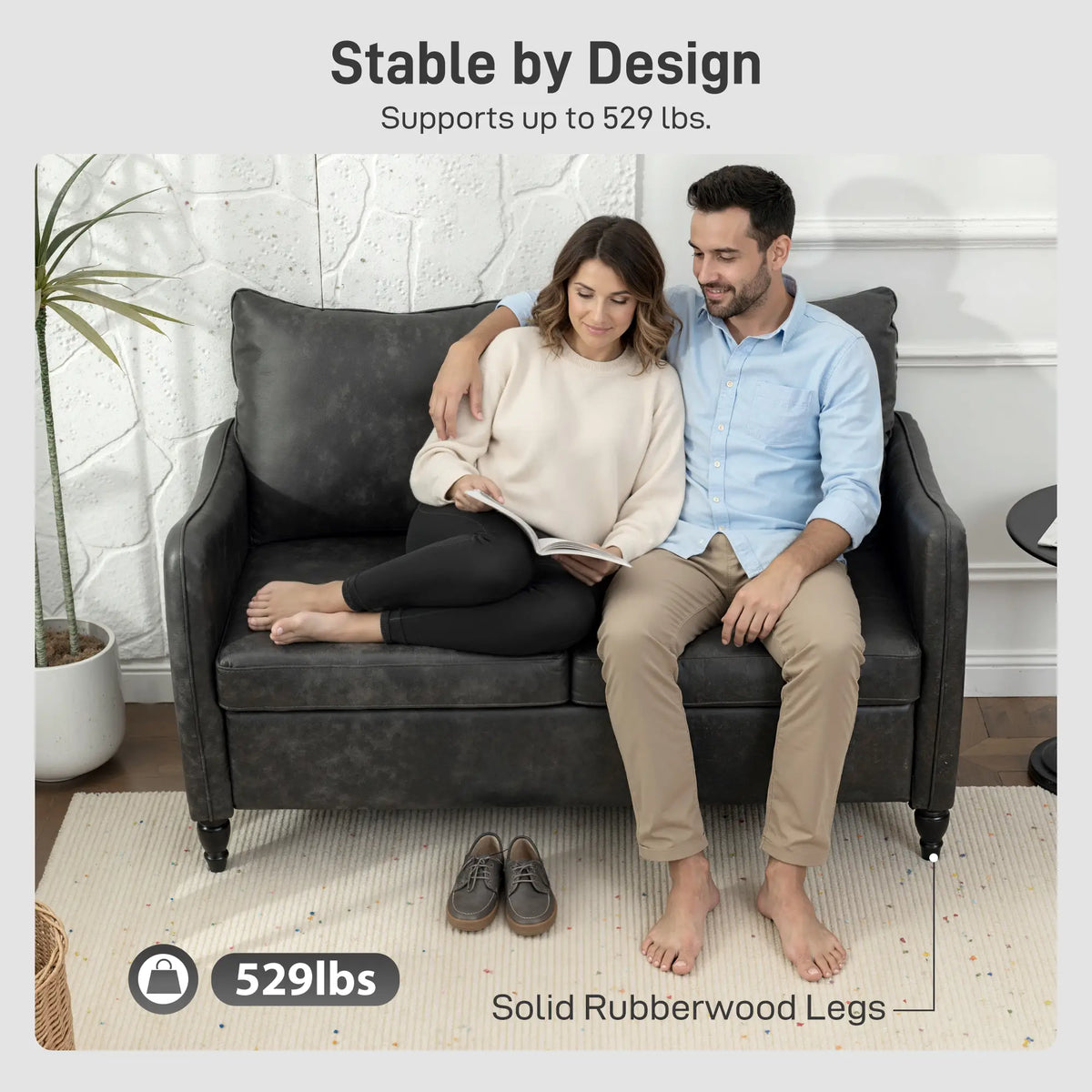 55" Loveseat Sofa, 2 Seater with Wood Legs, PU Leather, Grey 2-Seater Sofas at Gallery Canada