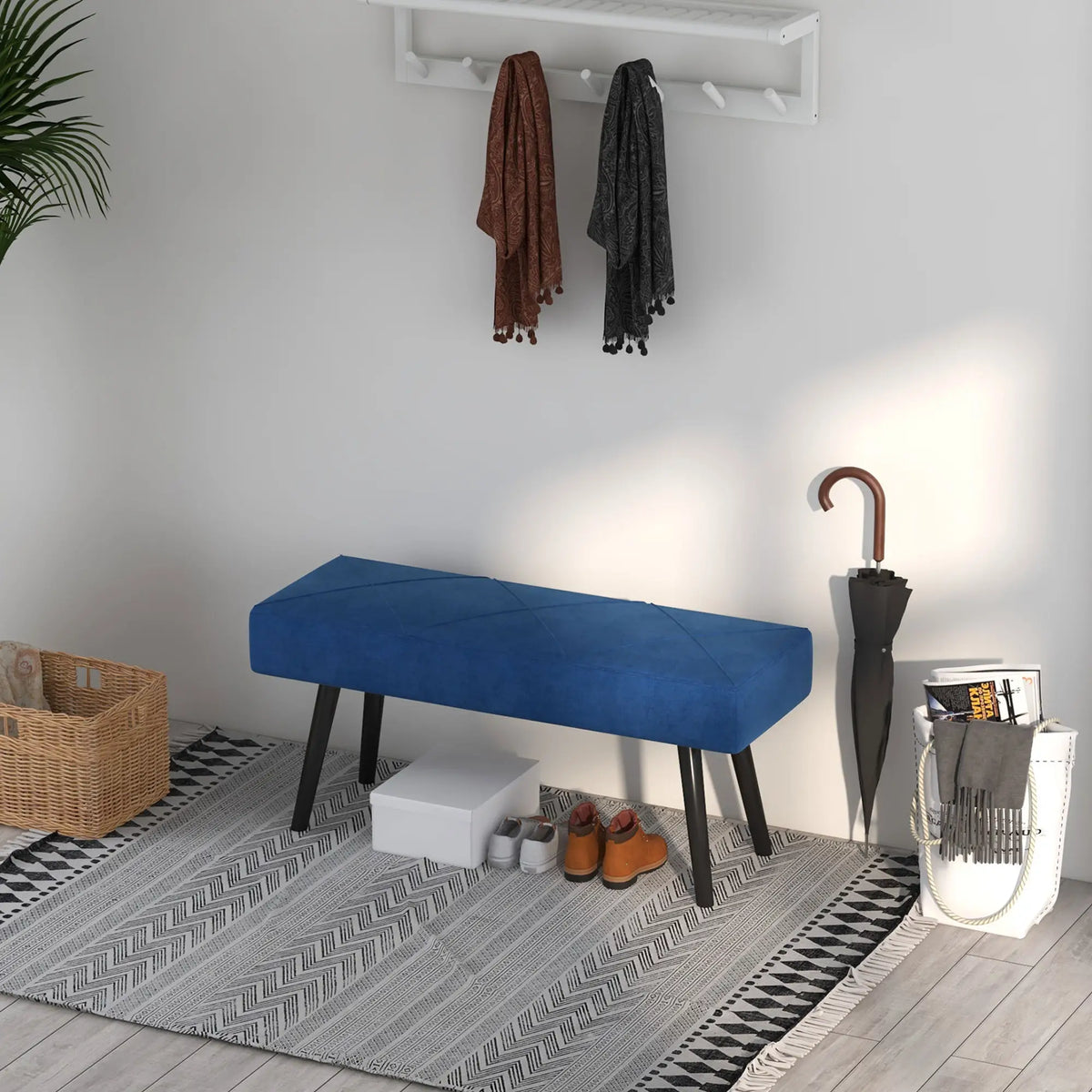 39 Inches Upholstered Bed Bench, Modern Steel Legs, Dark Blue Storage Ottomans & Benches at Gallery Canada