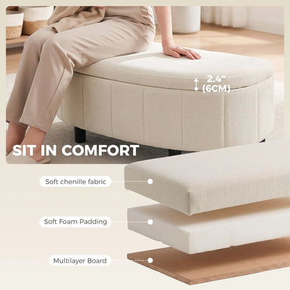 Semi-Round Ottoman With Hydraulic Lift-Top Storage, Cream White Storage Ottomans & Benches at Gallery Canada