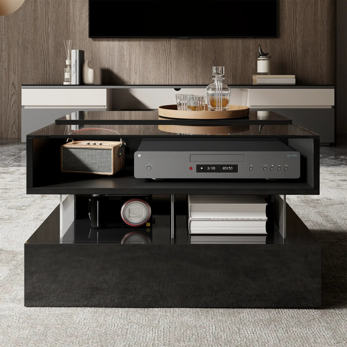 Glass Top LED Coffee Table, Storage Drawer, Adjustable Height, 26" L x 21.5" W x 21.5" H, Black Coffee Tables at Gallery Canada