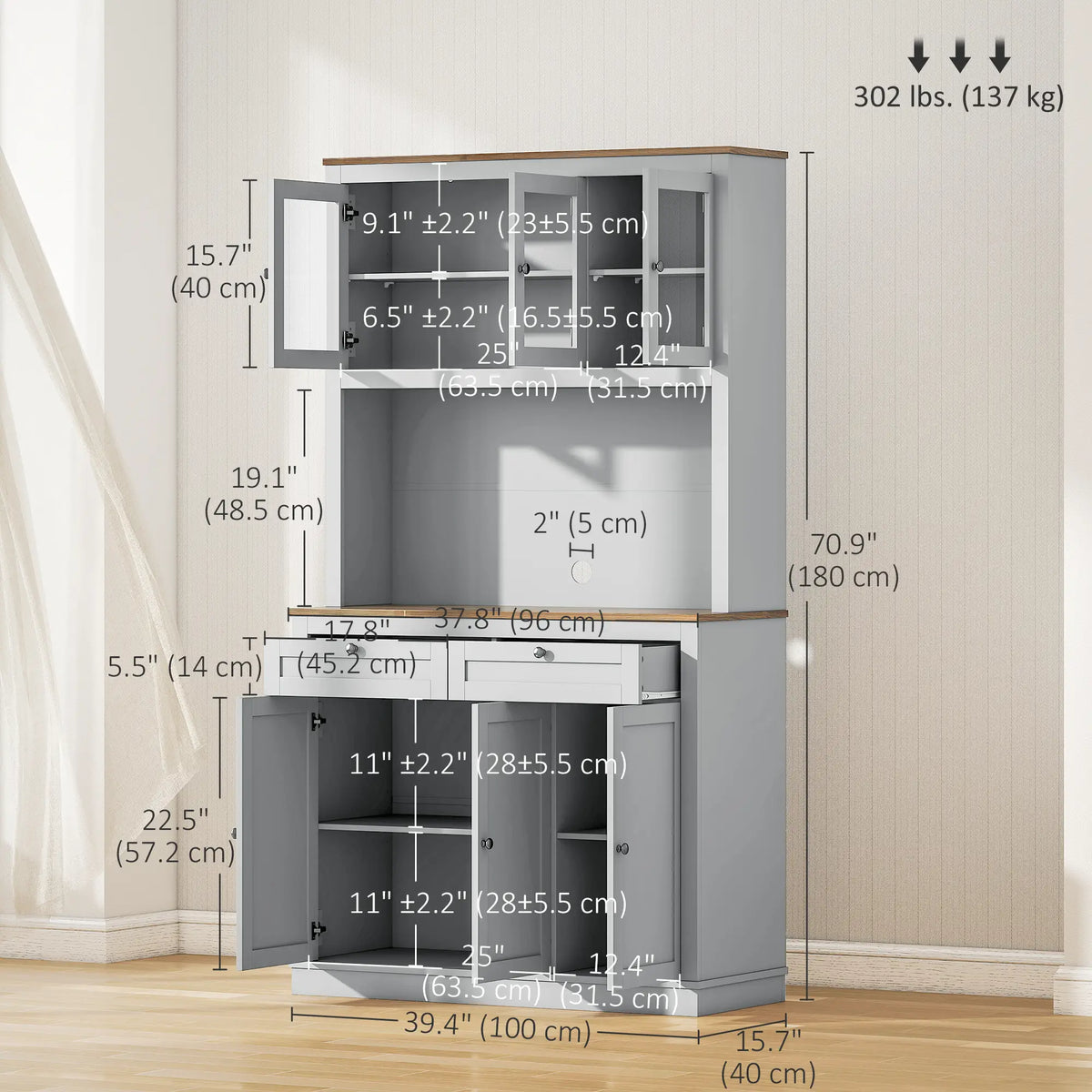 71" Pantry Cabinet with Microwave Space, 2 Drawers, Adjustable Shelves, Grey Kitchen Pantry Cabinets at Gallery Canada