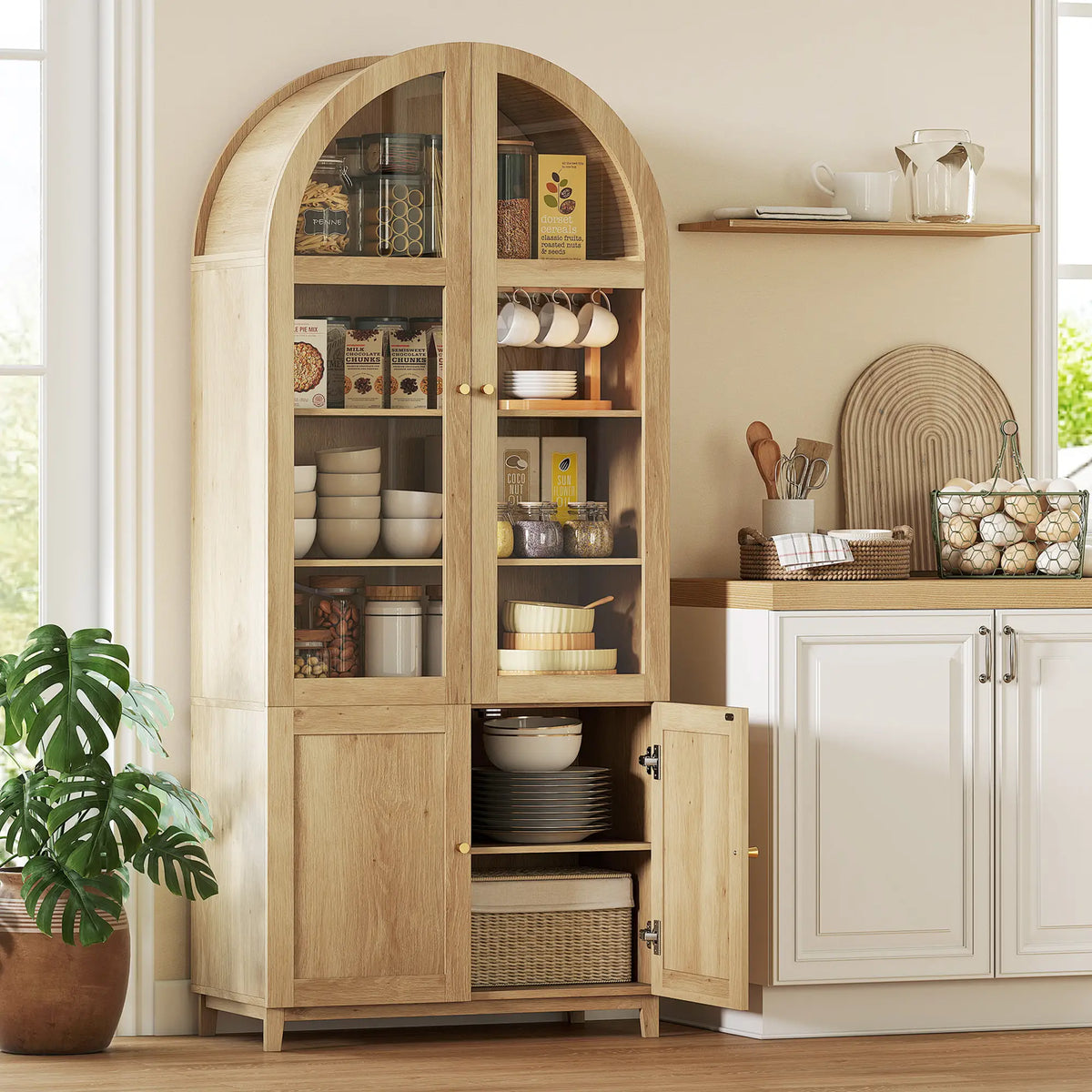 71" Tall Arched Kitchen Pantry Cabinet, Adjustable Shelves, Acrylic Doors, Oak Kitchen Pantry Cabinets at Gallery Canada