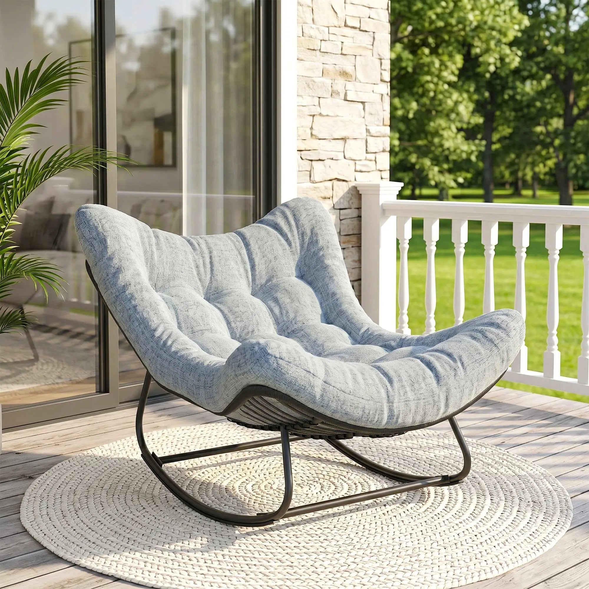 Oversized Rattan Egg Chair, Outdoor Rocking Chair with Cushion, Dark Grey Patio Chairs at Gallery Canada