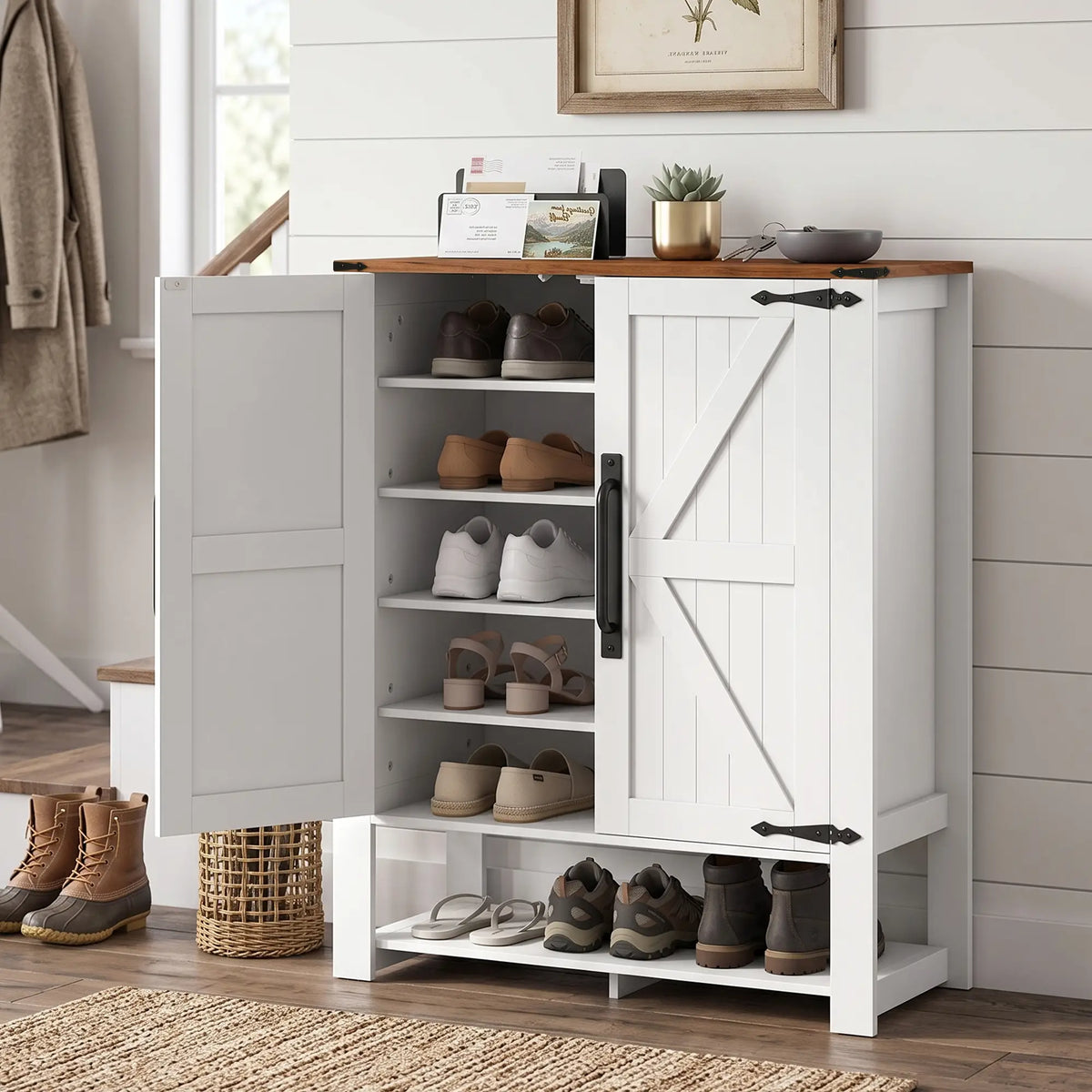5 Tier Shoe Cabinet, Rustic White, Open Cubby Storage, Rustic White Shoe Storage Cabinets & Racks at Gallery Canada
