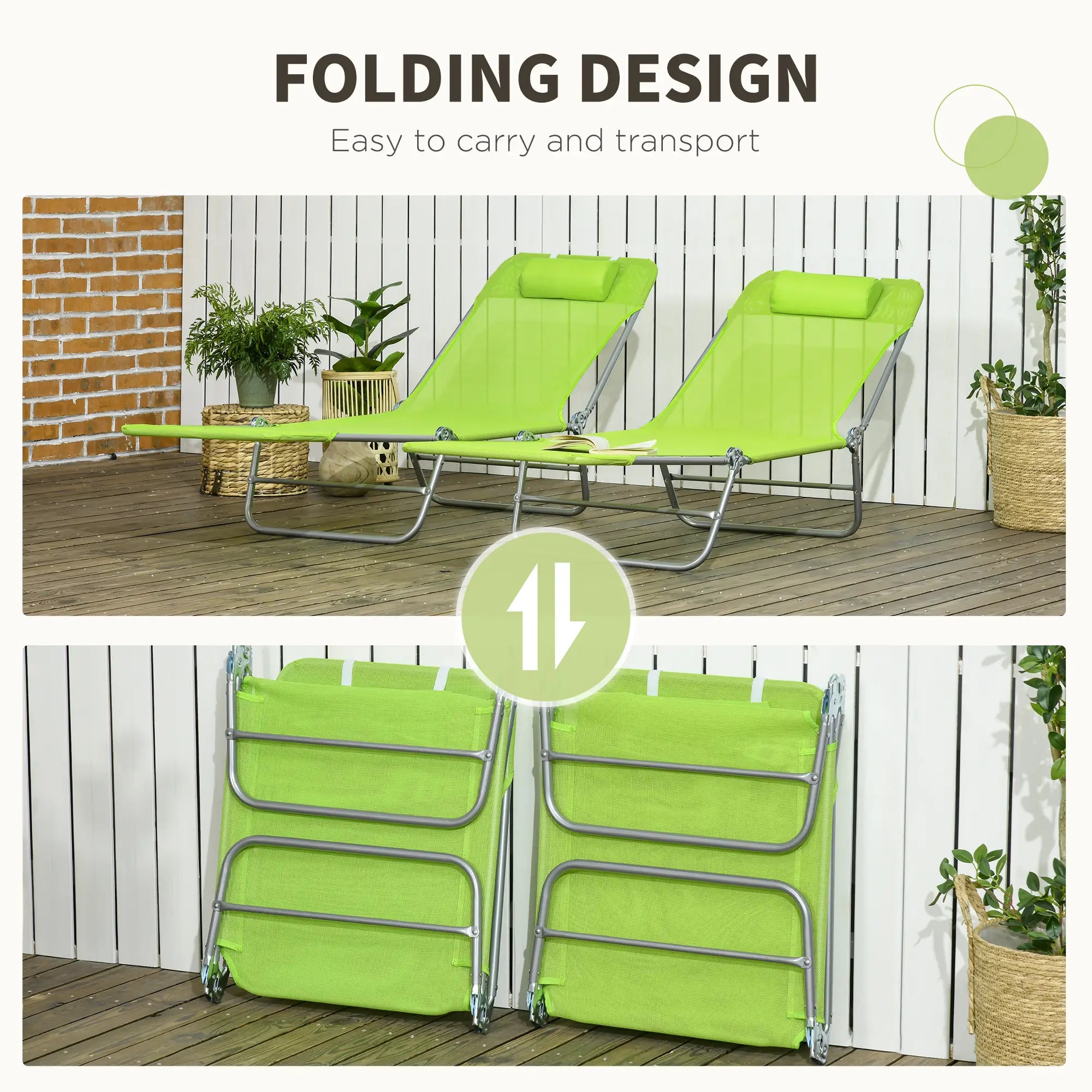 Set of 2 Folding Chaise Lounge Chairs, Outdoor, Reclining, Green Lounger Chairs at Gallery Canada