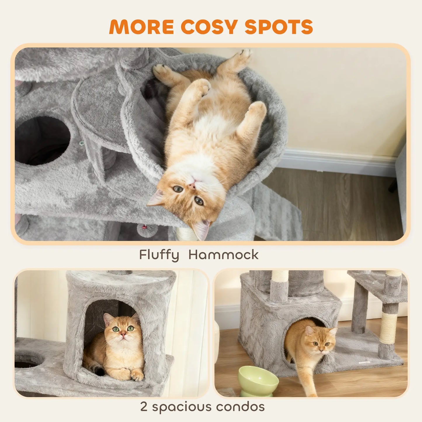67" Large Cat Tree with 7 Scratching Posts, Tunnel, 2 Condos, Hammock, Perch, Ramp, Pompoms, Light Grey Multi-Level Cat Towers at Gallery Canada