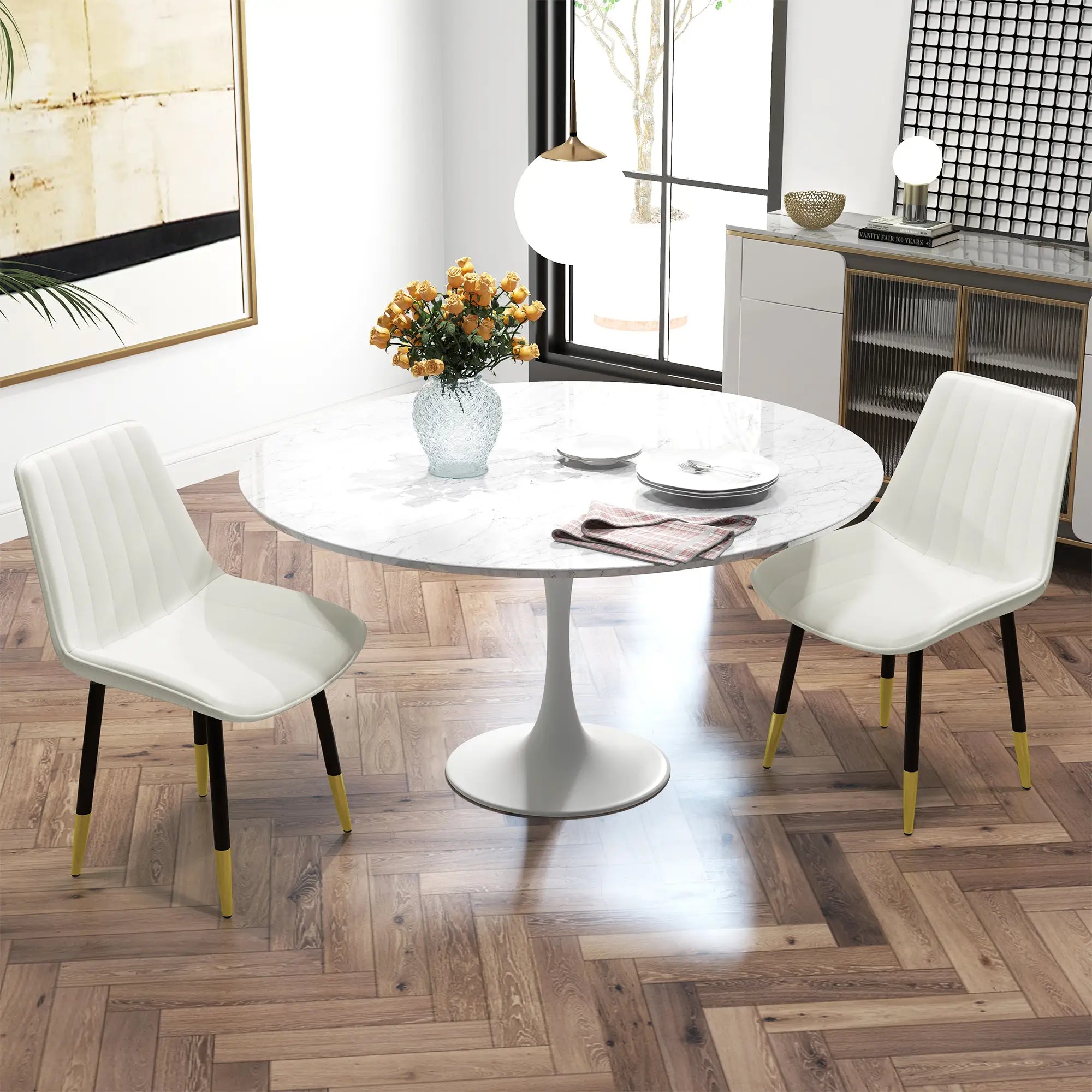Modern Dining Chairs Set of 2, PU Leather Upholstery, Steel Legs, Cream Bar Stools at Gallery Canada