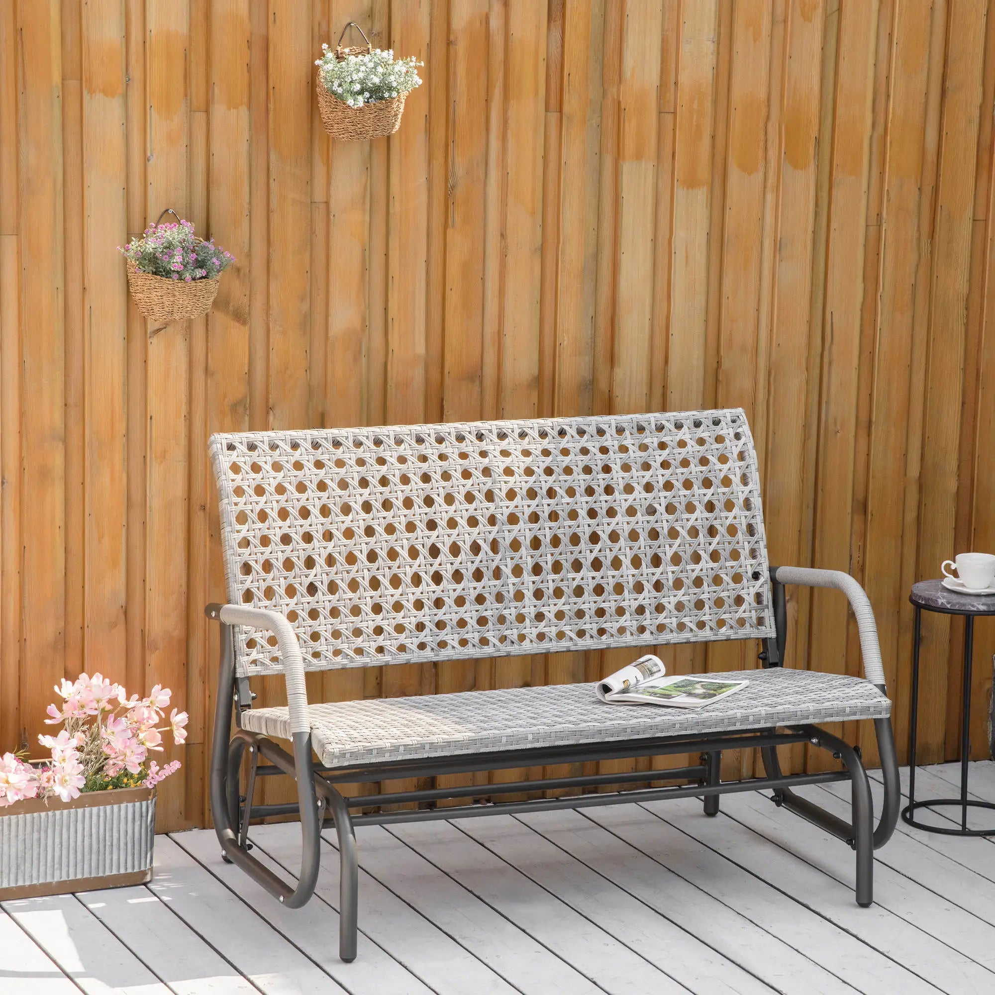 2 Seater Wicker Outdoor Glider Bench, Garden Loveseat, Mixed Grey Outdoor Gliders at Gallery Canada