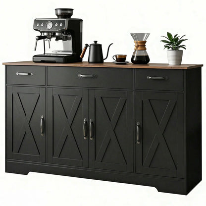 55" Sideboard Buffet Cabinet, Farmhouse Kitchen, 4 Barn Doors, 3 Drawers, Black Bar Cabinets Black, Dark Brown at Gallery Canada