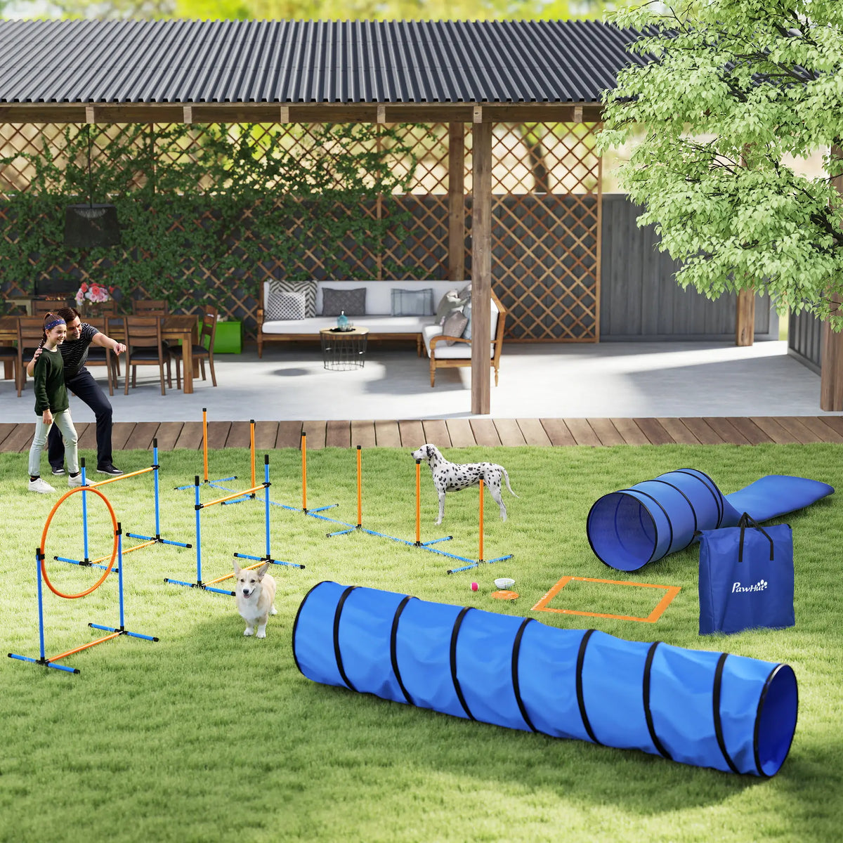 11-Piece Dog Agility Training Set, 2 Tunnels, Adjustable Jumps, Orange Blue Dog Agility Training Equipment at Gallery Canada