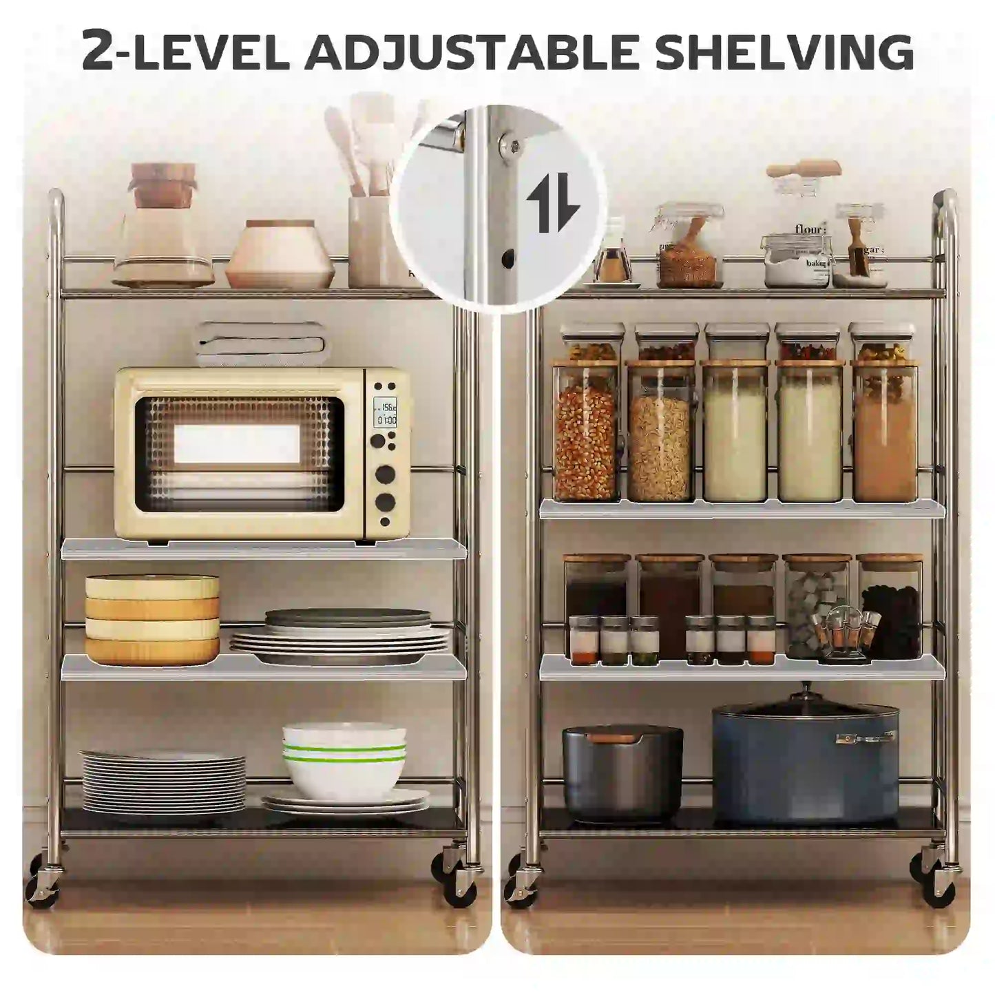 4 Tier Stainless Steel Rolling Cart, Adjustable Shelves, Wheels, Silver Kitchen Islands & Kitchen Carts at Gallery Canada