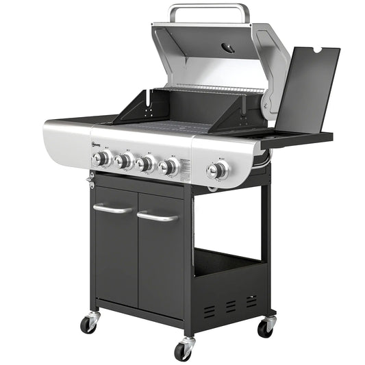 4 Burner Propane Gas Grill, 53,000 BTU, Cast Iron Grates, Wheels, Warming Rack