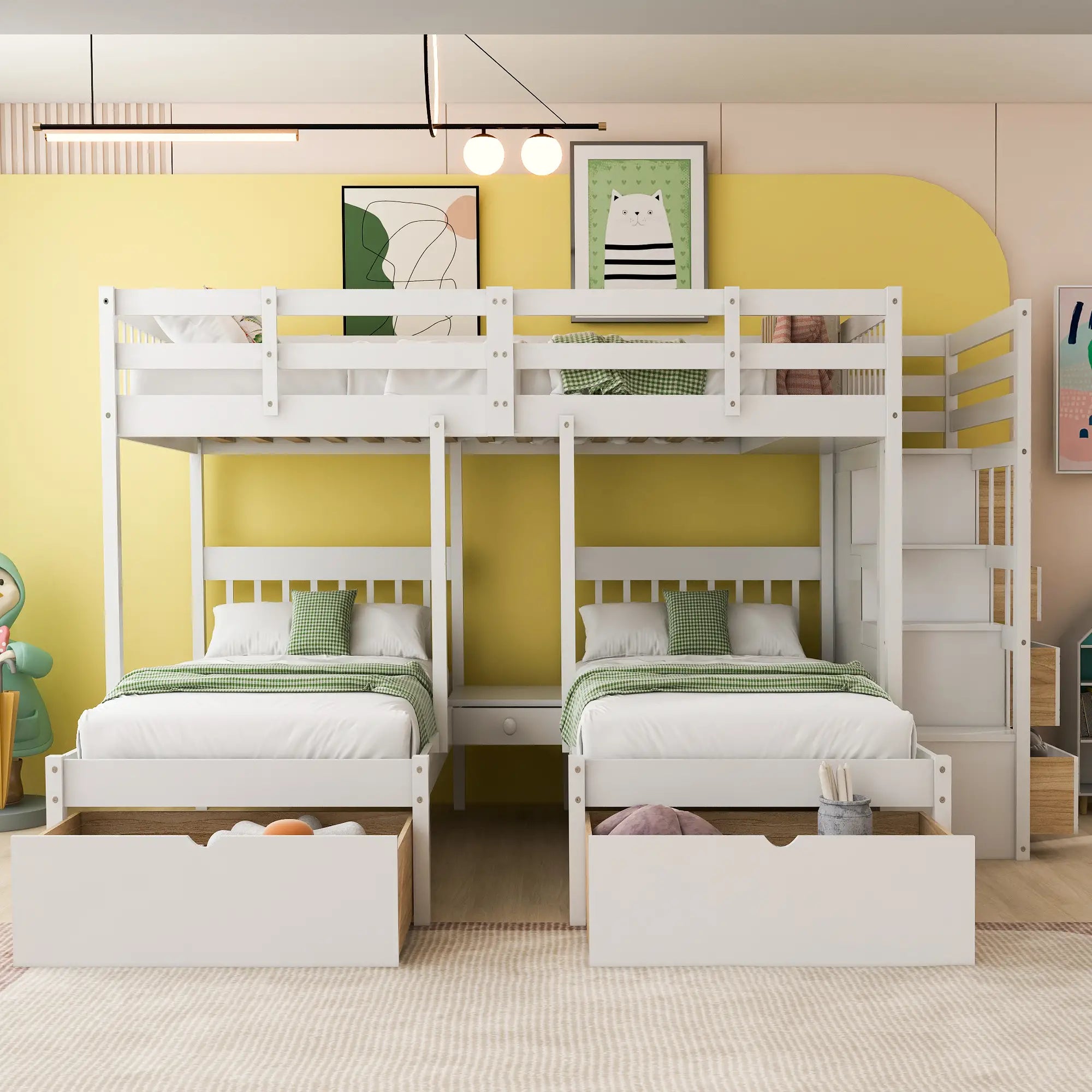 Twin Triple Bunk Bed with Storage Drawers, Pine Wood Frame, 115