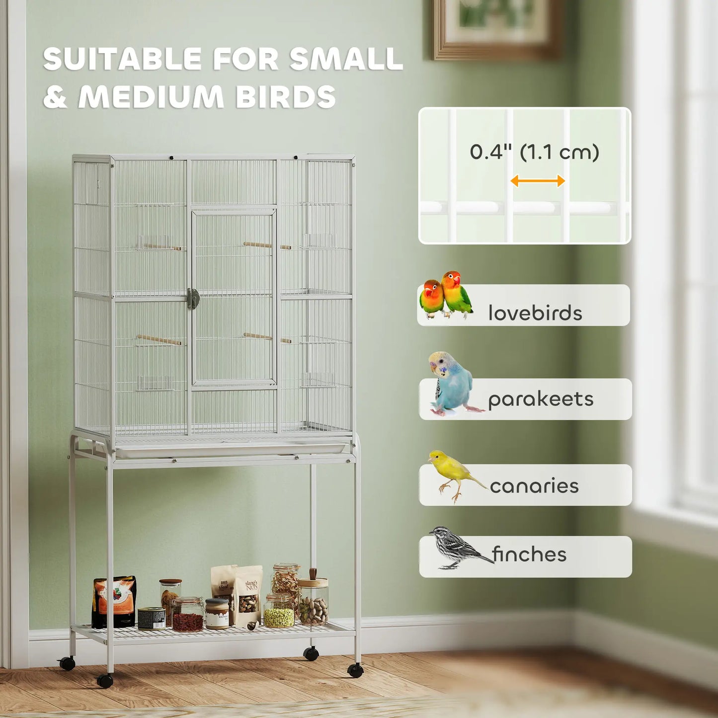 64" Large Rolling Bird Cage With Stand, Shelf, Perch, Food Container, White Bird Cages at Gallery Canada