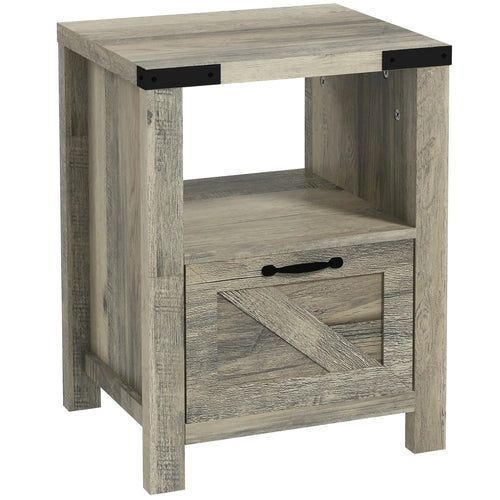 Farmhouse Side Table With Storage, Nightstand, Grey