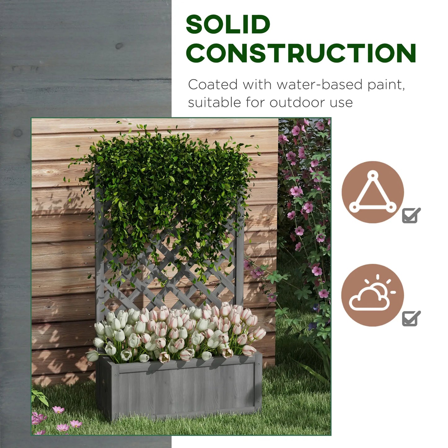 Wood Planter With Trellis, Raised Garden Bed, 28" x 11" x 46", Grey Wooden Planter Boxes at Gallery Canada