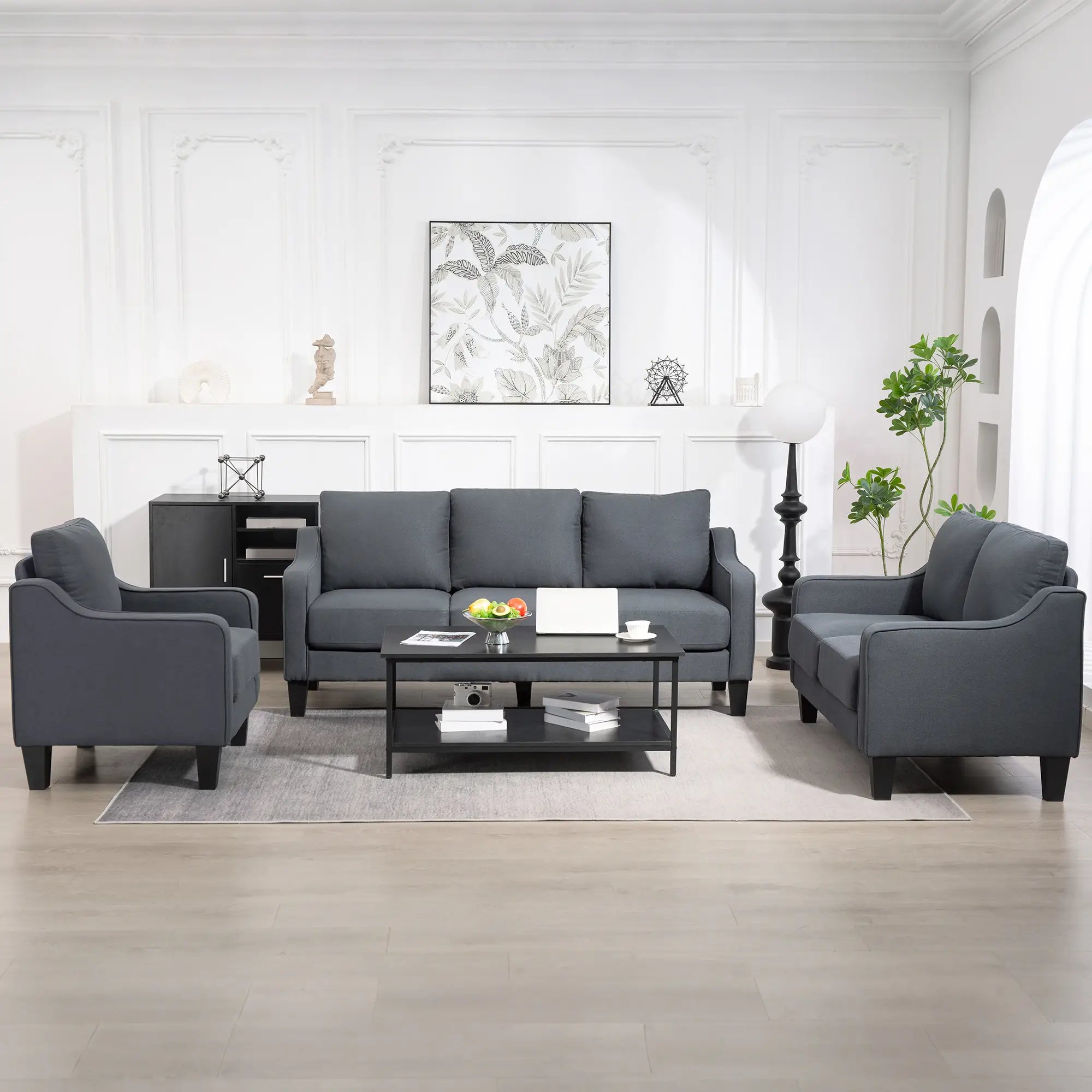 Modern Accent Armchair, Pocket Spring, Linen Upholstered, Thick Padded, Charcoal Grey Accent Chairs at Gallery Canada