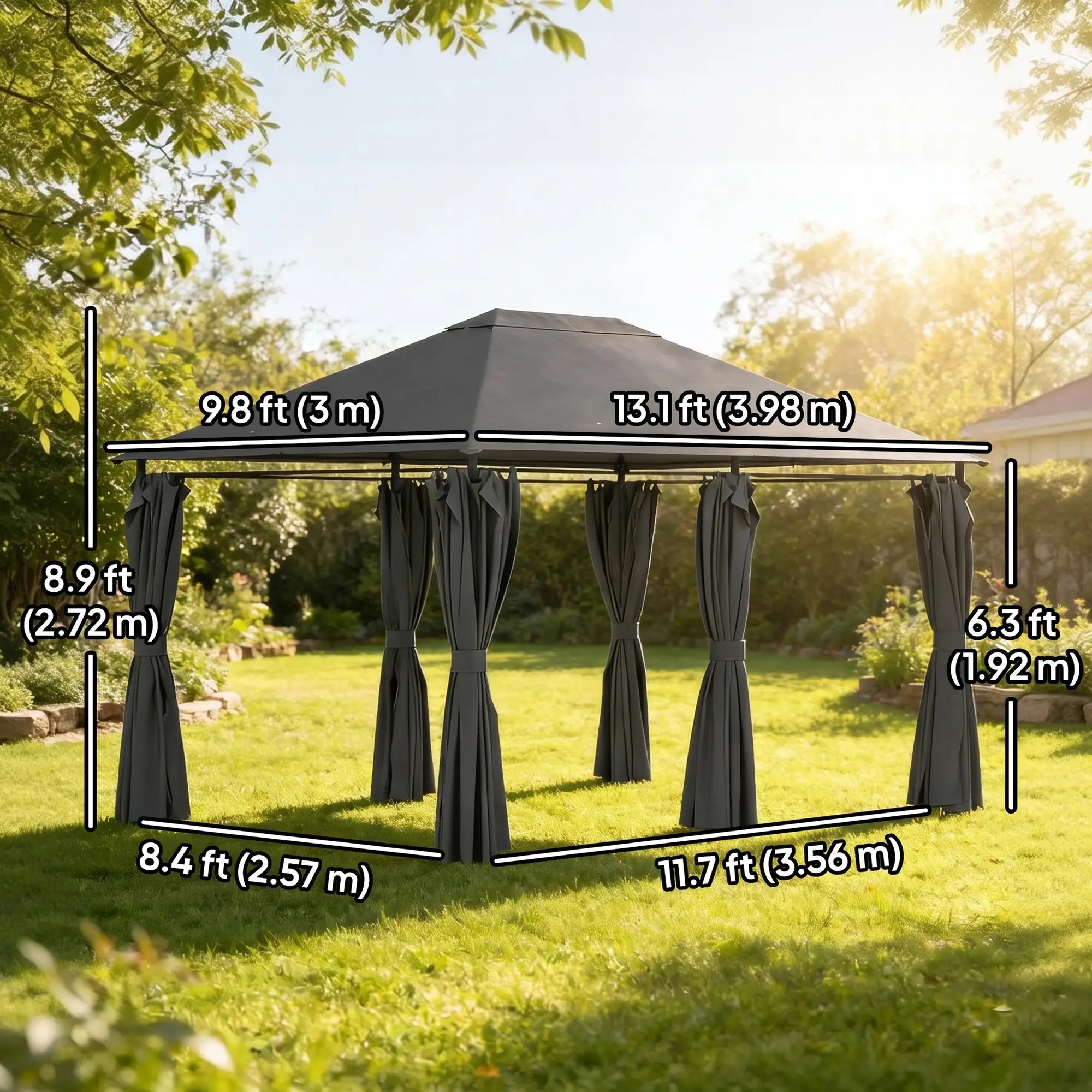13'x10' Steel Patio Gazebo Canopy, 6 Removable Curtains, Dark Grey Gazebos at Gallery Canada