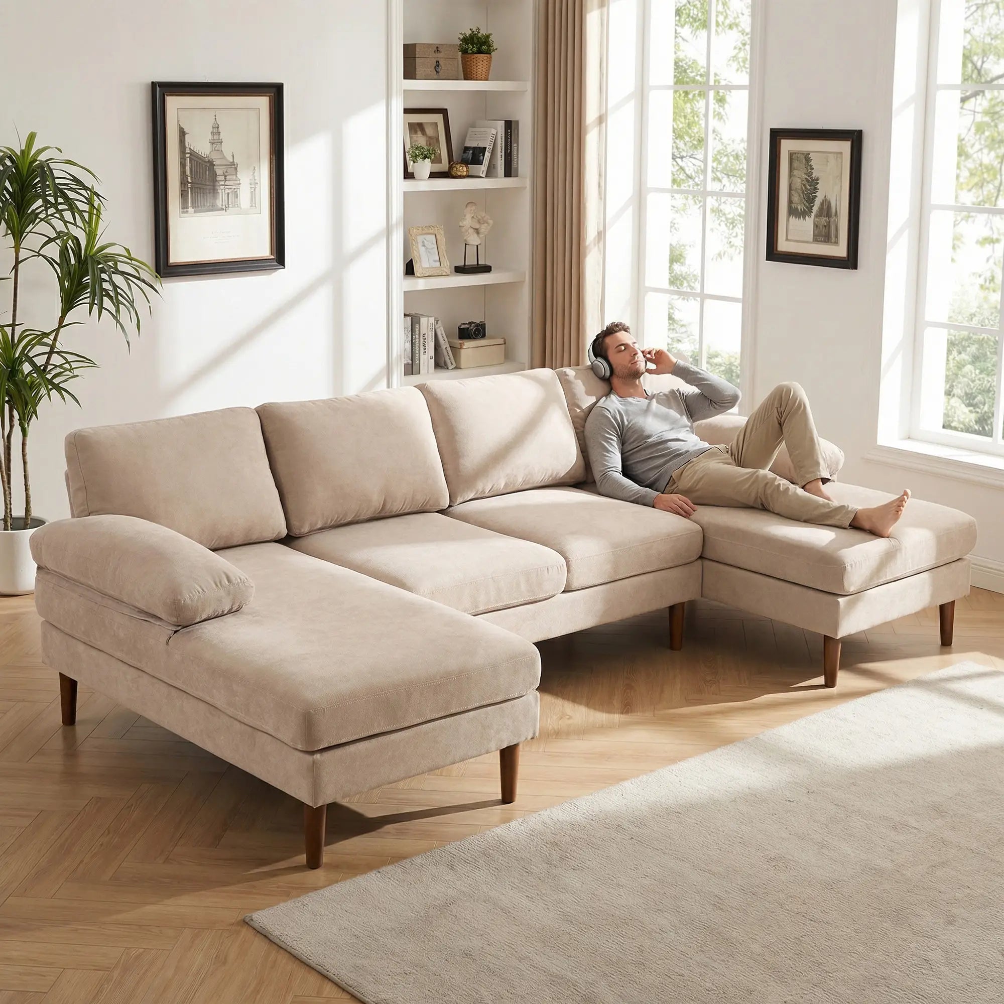 U Shape Couch, Double Chaise Lounge, 4 Seater Sofa, Wooden Legs, Beige Sofas & Reclining Chairs at Gallery Canada