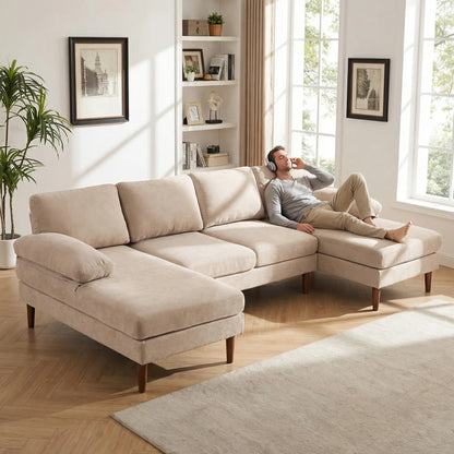 U Shape Couch, Double Chaise Lounge, 4 Seater Sofa, Wooden Legs, Beige Sofas & Reclining Chairs at Gallery Canada
