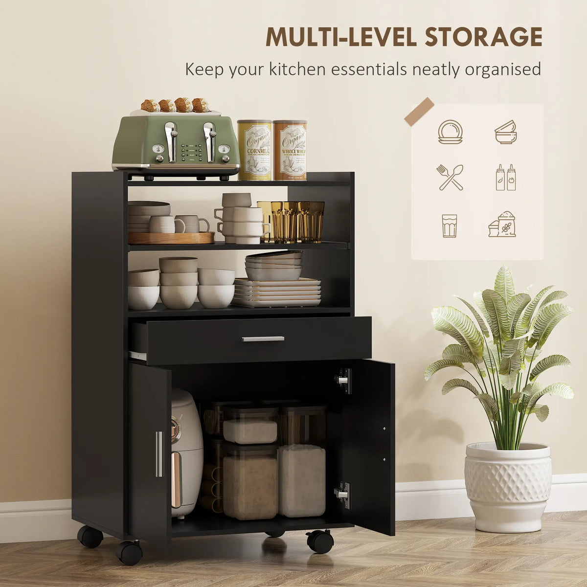 Microwave Cart with Wheels, Open Shelves and Drawer, Black Kitchen Islands & Kitchen Carts at Gallery Canada