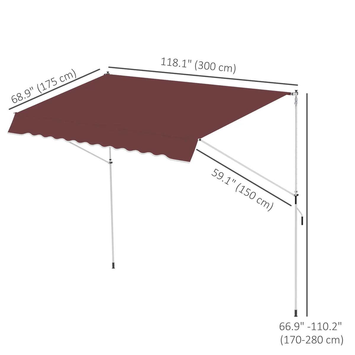 10x5ft Manual Retractable Patio Awning, 5.6-9.2ft Pole, Wine Red