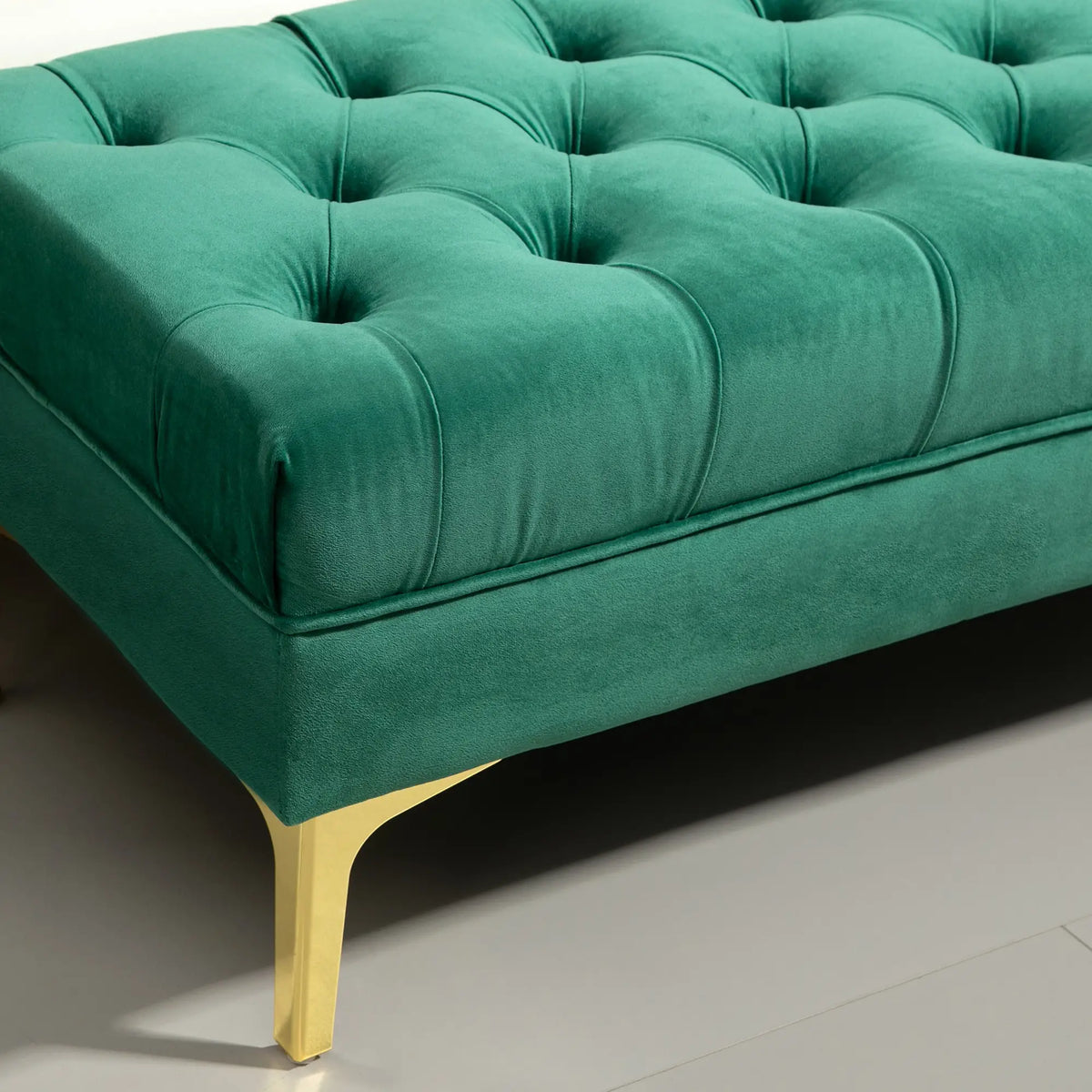 Upholstered End of Bed Bench, Button Tufted, Dark Green Storage Ottomans & Benches at Gallery Canada