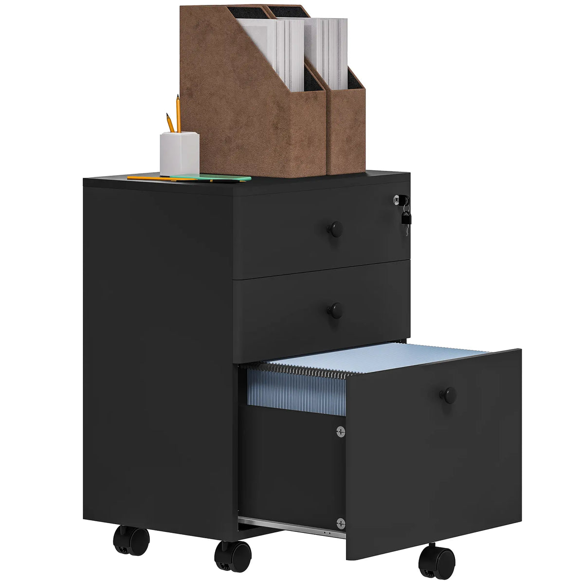 3-Drawer Small Filing Cabinet with Lock, Vertical Office Storage, Black Office Cabinets & Cupboards at Gallery Canada