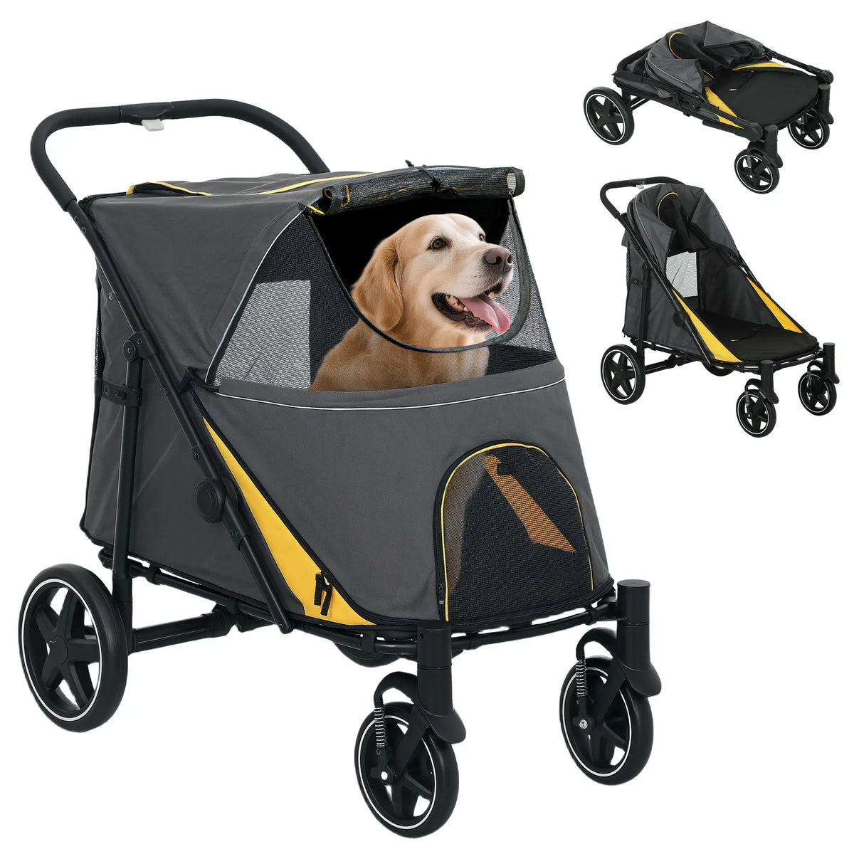 Foldable Pet Stroller, Universal Wheels, Shock Absorber, Large & Medium Dogs, Dark Grey Dog Bike Trailers & Strollers Dark Grey, Yellow, Black at Gallery Canada