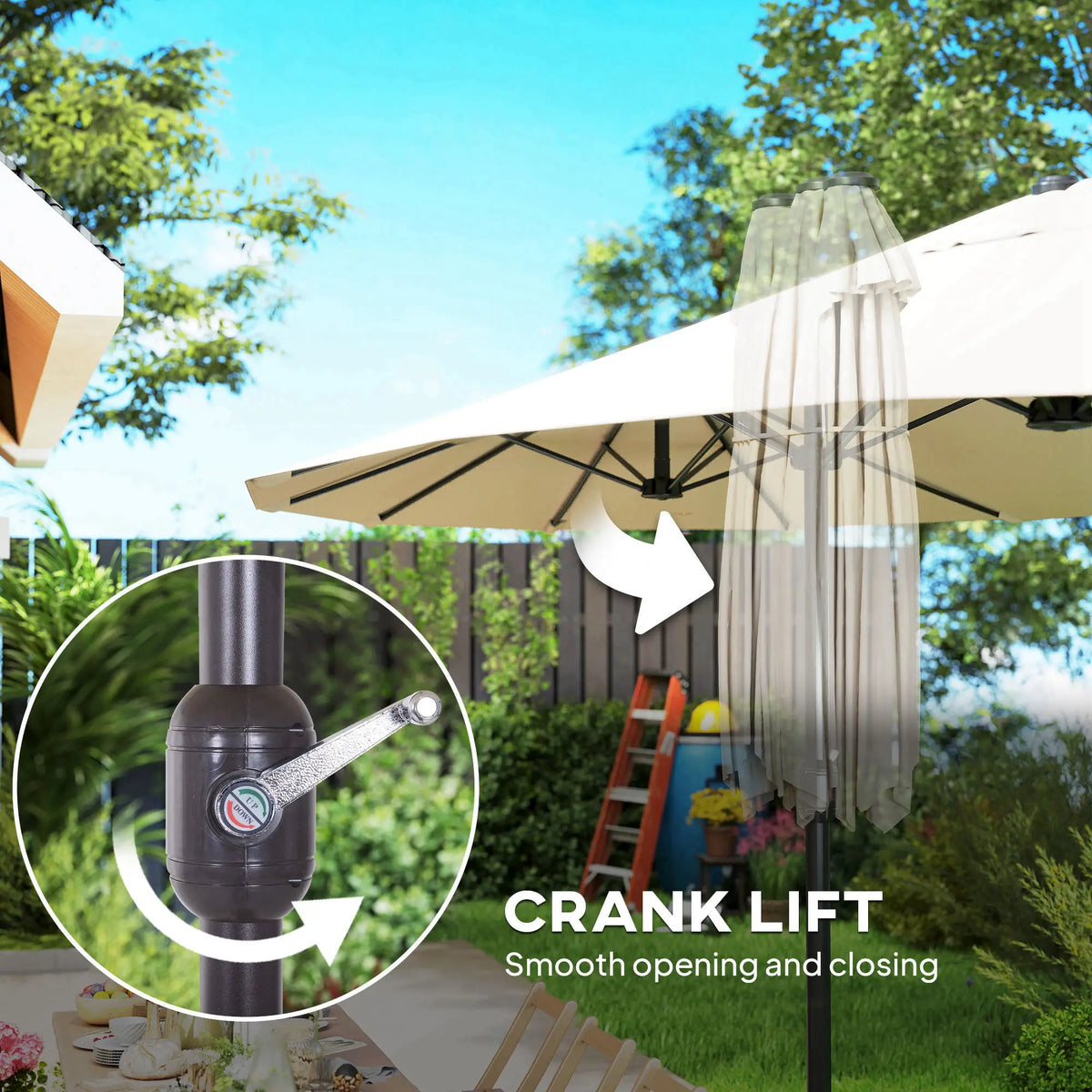 15 Ft Twin Canopy Patio Umbrella, Steel Lift Crank, Beige Sun Umbrellas at Gallery Canada