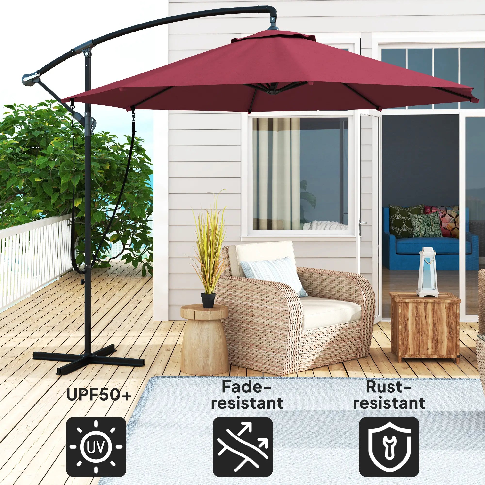 9.5' Cantilever Umbrella, Wind Protection, Crank, Cross Base, UPF 50+, Red Offset Cantilever Umbrellas at Gallery Canada