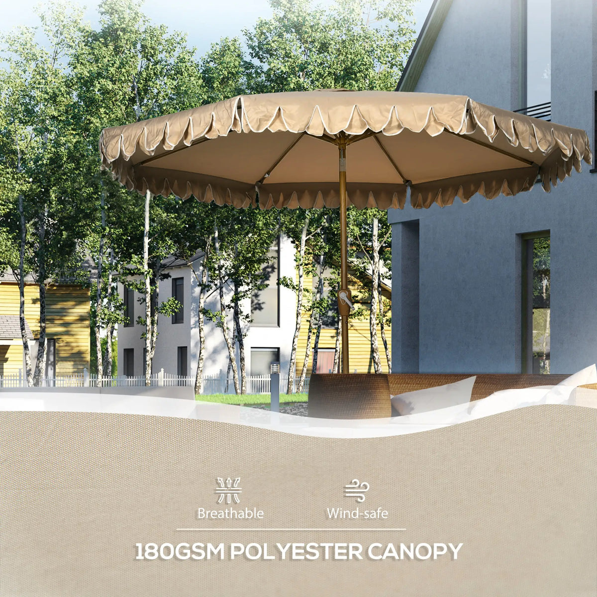 9 ft Outdoor Patio Umbrella, Push Button Tilt Crank, Khaki Patio Umbrellas at Gallery Canada