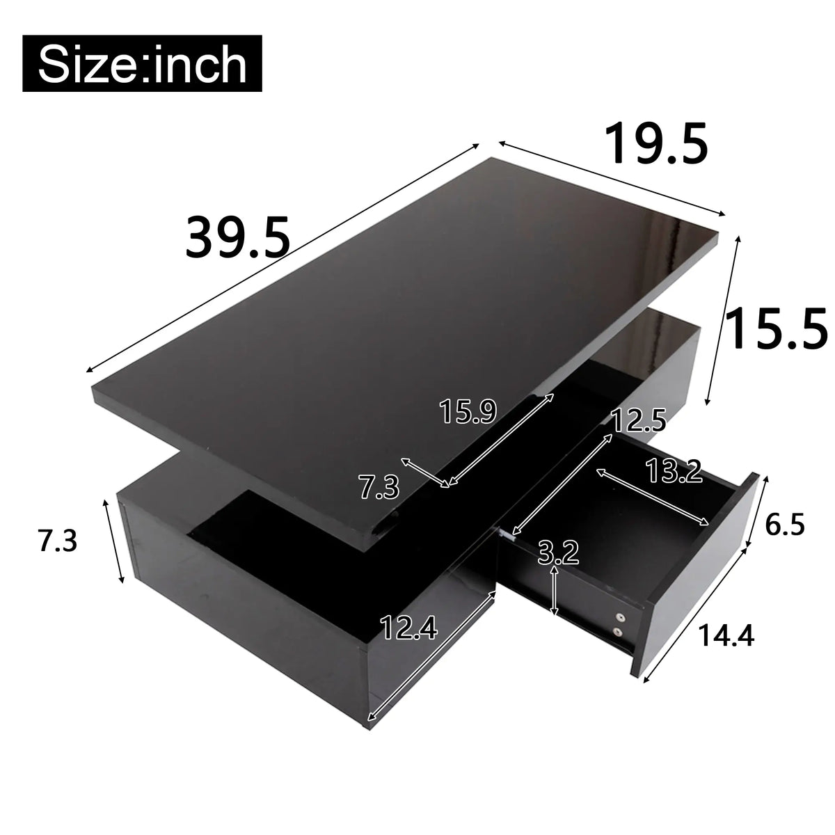 High-Gloss Coffee Table, Hidden Drawer, 39.5" L x 19.5" W x 15.5" H, Black Coffee Tables at Gallery Canada