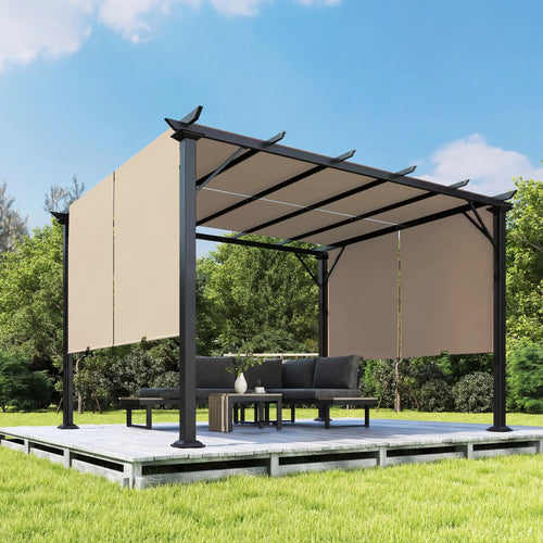 12' x 10' Outdoor Gazebo, Retractable Canopy, Steel Frame, Light Brown